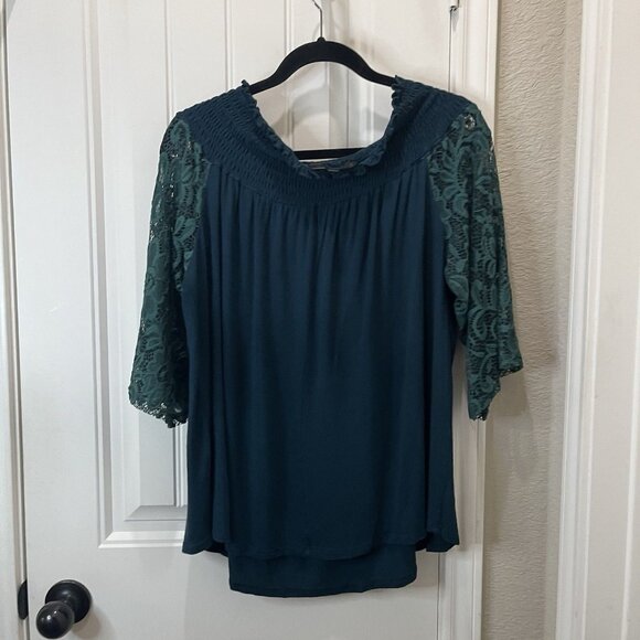 Womens Hunter Green Off Shoulder Lace Sleeves Boho Cottage Core Top 2X Romantic - Picture 5 of 10